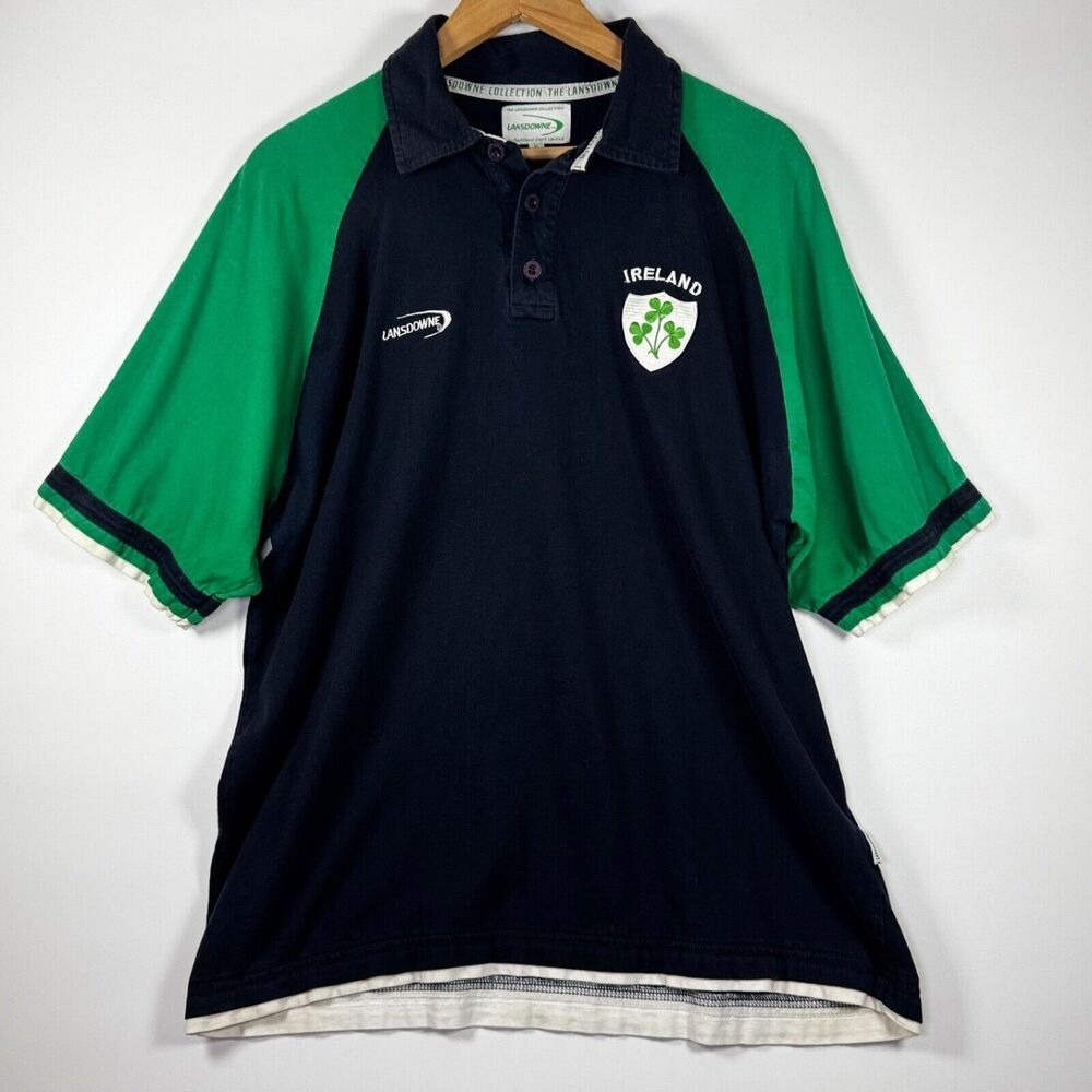 Vintage Lansdowne Ireland Rugby Polo Shirt Extra Large‎ Navy Green Shamrock